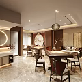 Modern Chinese Style Hotel Mahjong Room Interior Design With Wooden Tables And Round Mirror