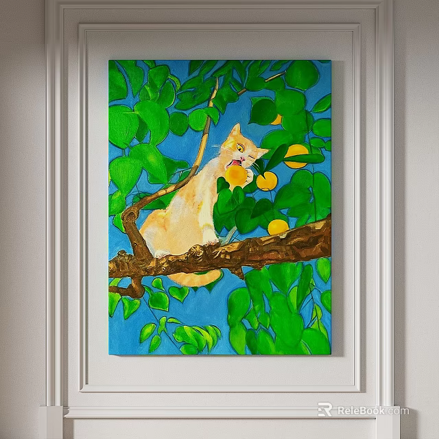 Abstract Painting Yellow Cat on Tree Branch with Green Leaves Yellow Fruits and Blue Background 3d model 