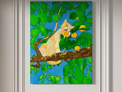 Abstract Painting Yellow Cat on Tree Branch with Green Leaves Yellow Fruits and Blue Background 3d model