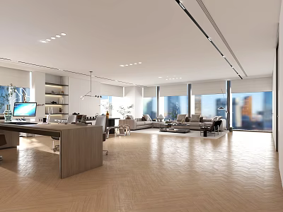 Modern Spacious Office Interior With Desk Computer Sofa And City View Through Large Windows 3d model
