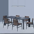 Black Dining Table And Brown Leather Chairs Set In Modern Interior With Pendant Lights