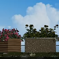 Colorful Outdoor Garden Planters With Pink Yellow Flowers And Wooden Textured Designs On Lawn