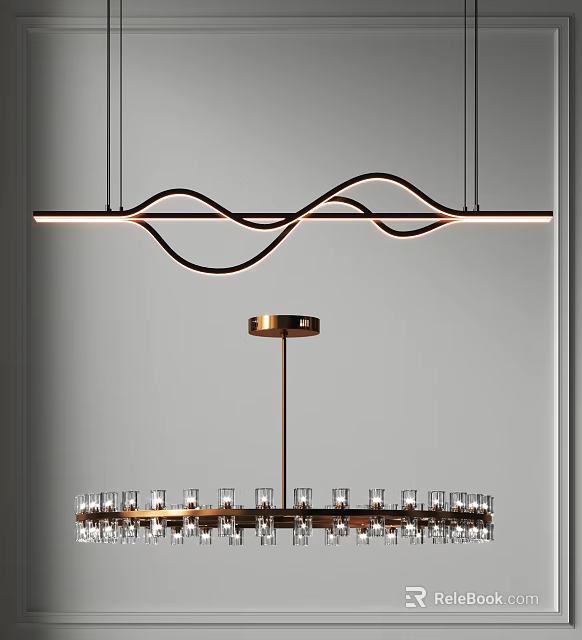 Modern Wave Design Pendant Light Fixture With Curved Metal Frame And LED Lighting 3d model 