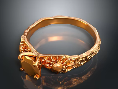 Elegant Golden Ring For Daily Wear With Carved Floral Design And Gemstone 3d model