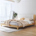 Modern Double Bed With White Upholstered Headboard Wooden Frame Nightstands Green Plant And Star Lamp