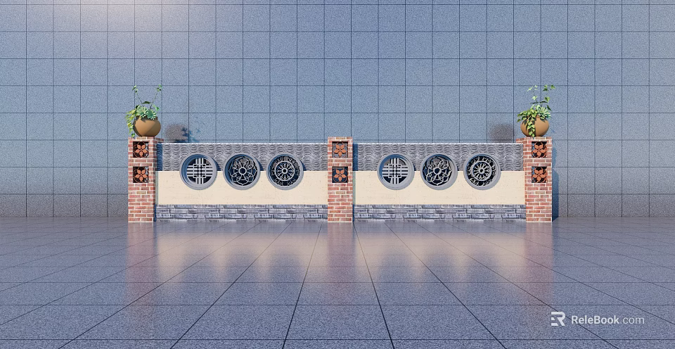 Garden Wall With Circular Lattice Windows Red Brick Pillars Potted Plants And Blue Tiles 3d model 