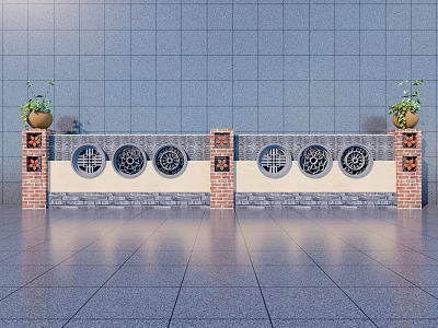 Garden Wall With Circular Lattice Windows Red Brick Pillars Potted Plants And Blue Tiles 3d model