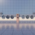 Garden Wall With Circular Lattice Windows Red Brick Pillars Potted Plants And Blue Tiles