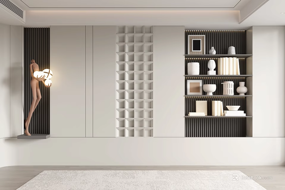 Modern Decorative Cabinet With Grid Shelves Displaying Vases Books And Framed Art 3d model 