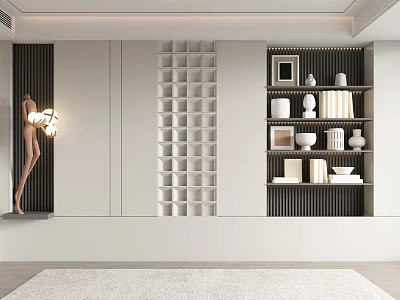 Modern Decorative Cabinet With Grid Shelves Displaying Vases Books And Framed Art 3d model