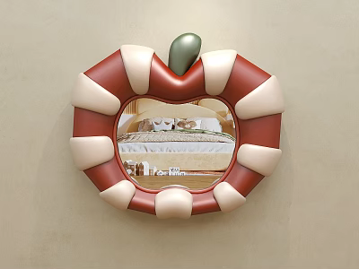 Apple Shaped Mirror with Red and White Striped Frame Green Stem Reflecting Bedroom Interior 3d model
