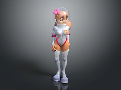 Cute Anthropomorphic Cat Game Movie Character In White Spacesuit With Transparent Helmet And Pink Flower 3d model