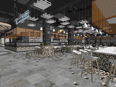 Modern Supermarket Department Store Interior Open Layout With Tables Chairs Pendant Lights And Tile Floor 3d model