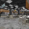 Modern Supermarket Department Store Interior Open Layout With Tables Chairs Pendant Lights And Tile Floor