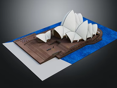 Sydney Opera House Architectural Model With White Shell Roof Wooden Base And Blue Water 3d model