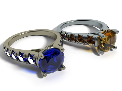Elegant Silver Rings With Round Cut Blue And Yellow Gemstones In Classic Setting 3d model