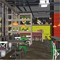 Modern Restaurant With Copper Pendant Lights Dark Ceiling Green Chairs And Dining Tables