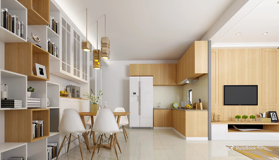 Modern Restaurant Interior with Open Kitchen Wooden Cabinets Dining Table and Pendant Lights 3d model 