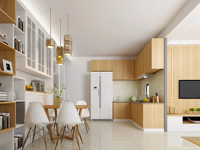 Modern Restaurant Interior with Open Kitchen Wooden Cabinets Dining Table and Pendant Lights 3d model