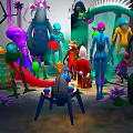 Vibrant Cartoon Scene With Colorful Characters Seated On Red Carpet And Fantastical Decorations