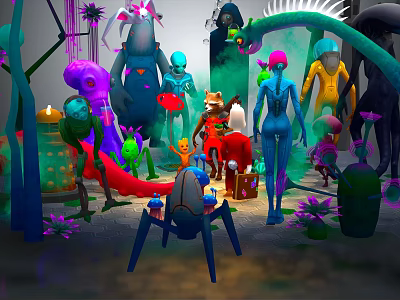 Vibrant Cartoon Scene With Colorful Characters Seated On Red Carpet And Fantastical Decorations 3d model