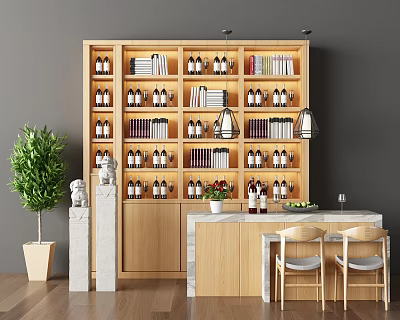 Stylish Home Bar Counter with Wooden Cabinets Bottles Books Hanging Lights and Green Plant 3d model