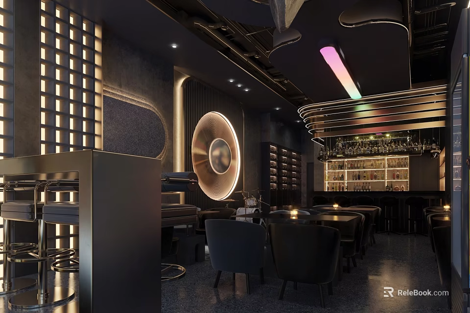 Modern Dark Bar Interior Design With Circular Lighting Curved Counter And Wine Racks 3d model 