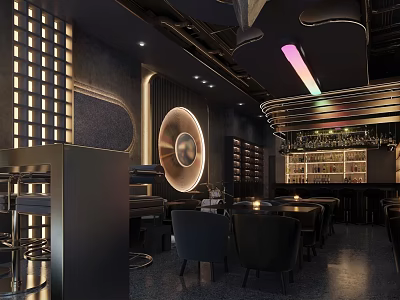 Modern Dark Bar Interior Design With Circular Lighting Curved Counter And Wine Racks 3d model