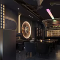 Modern Dark Bar Interior Design With Circular Lighting Curved Counter And Wine Racks