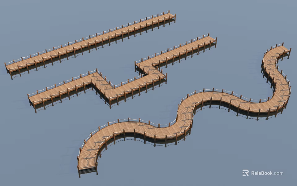 Wooden Boardwalk Bridges with Straight and Curved Designs on Calm Water Surface 3d model 