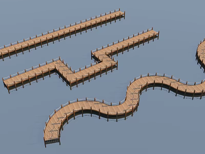 Wooden Boardwalk Bridges with Straight and Curved Designs on Calm Water Surface 3d model