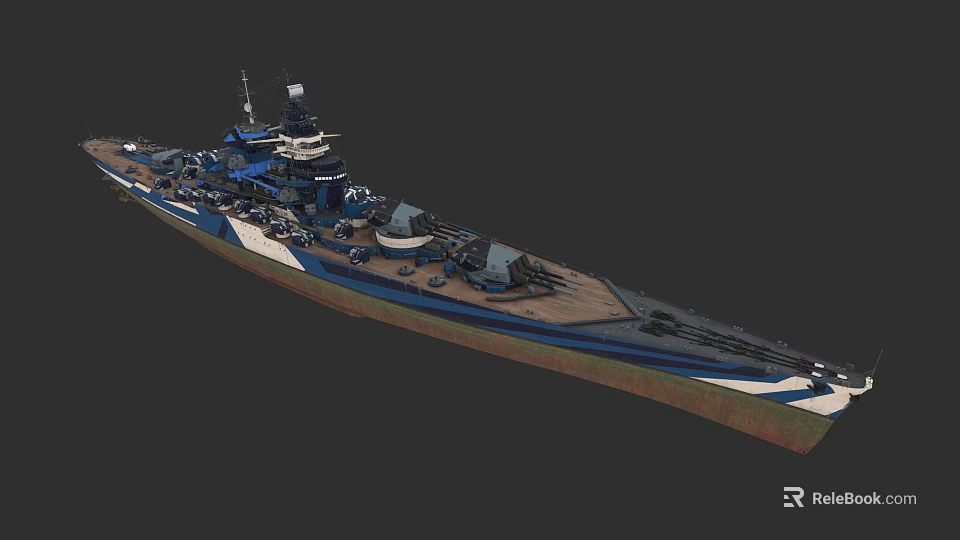 Large Battleship With Main Turrets Deck Structure And Blue White Hull Design 3d model