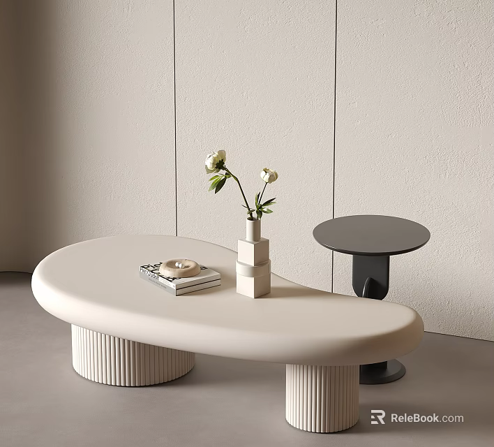 White Irregular Coffee Table Interior With Vase White Flowers Magazine Tray And Black Side Table 3d model 