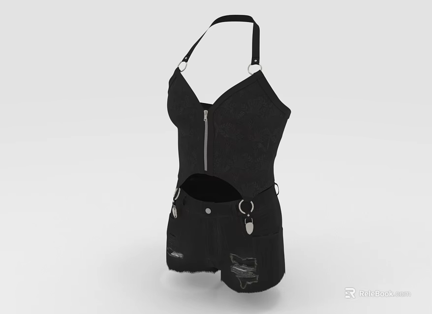 Black Halterneck Jumpsuit With Front Zipper Distressed Details And Metal Rings 3d model 
