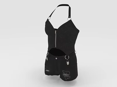 Black Halterneck Jumpsuit With Front Zipper Distressed Details And Metal Rings 3d model