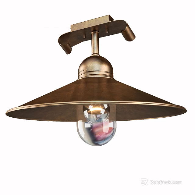 Vintage Brass Pendant Light With Conical Shade And Transparent Bulb Design 3d model 