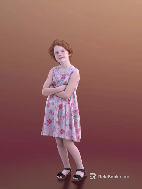 Woman With Red Hair In Sleeveless Pink Floral Dress Standing Arms Crossed On Gradient Background 3d model 