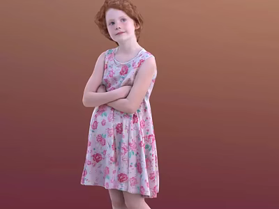 Woman With Red Hair In Sleeveless Pink Floral Dress Standing Arms Crossed On Gradient Background 3d model