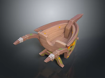 Decorative 3D Wooden Boat Model In Cartoon Style With Green Yellow Accents And White Straps 3d model