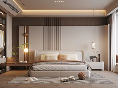 Modern Bedroom Interior with Comfortable Bed Nightstand and Pendant Lighting Rug and Potted Plant Decoration 3d model