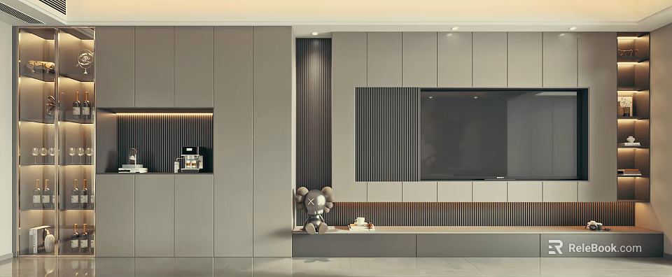 Modern TV Wall Design With Built-in TV Wooden Panels And Storage Platform 3d model 