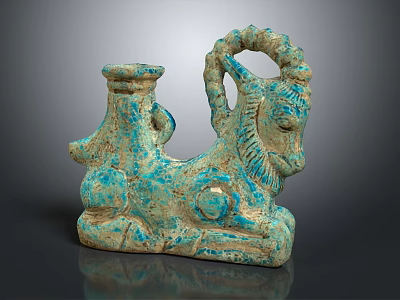 Ancient Egyptian Turquoise Glazed Ceramic Ram Sculpture With Decorative Horns And Base 3d model