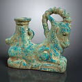 Ancient Egyptian Turquoise Glazed Ceramic Ram Sculpture With Decorative Horns And Base