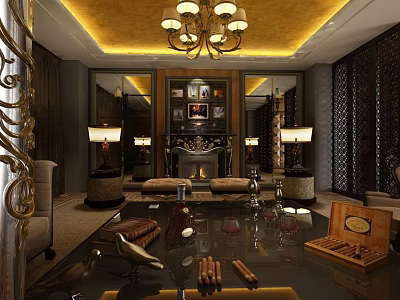 Luxurious Lounge Area With Ornate Ceiling Chandelier Fireplace Sofa And Mirrors 3d model
