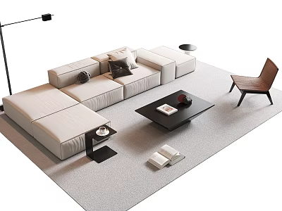 Modern Beige L Shaped Sofa Coffee Table Combination With Brown Chair And Floor Lamp 3d model