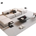 Modern Beige L Shaped Sofa Coffee Table Combination With Brown Chair And Floor Lamp