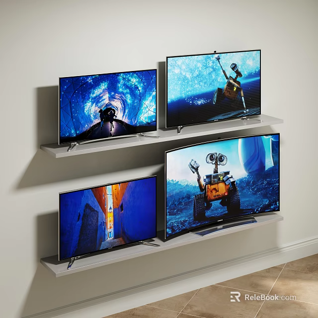 Multiple Wall Mounted Televisions On Shelves Showing Different High Definition Scenes 3d model 