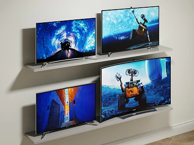 Multiple Wall Mounted Televisions On Shelves Showing Different High Definition Scenes 3d model