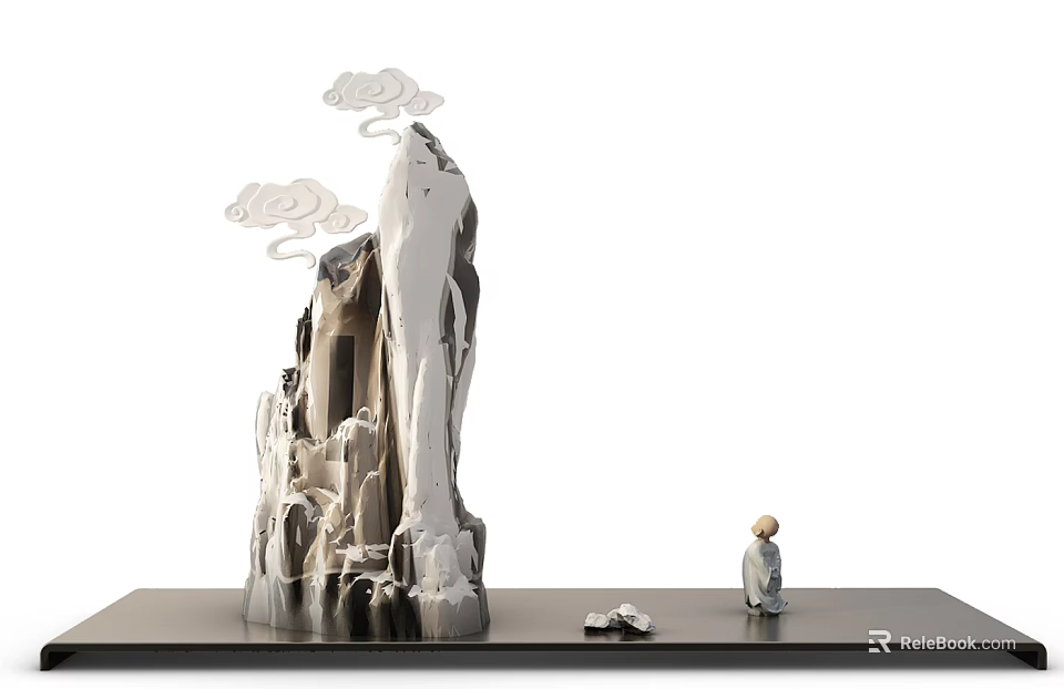 Decorative Ornament Set with Silver Rockery Sculpture Cloud Decorations and Small Figure on Black Base 3d model 