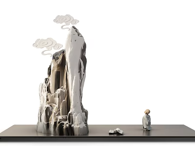 Decorative Ornament Set with Silver Rockery Sculpture Cloud Decorations and Small Figure on Black Base 3d model